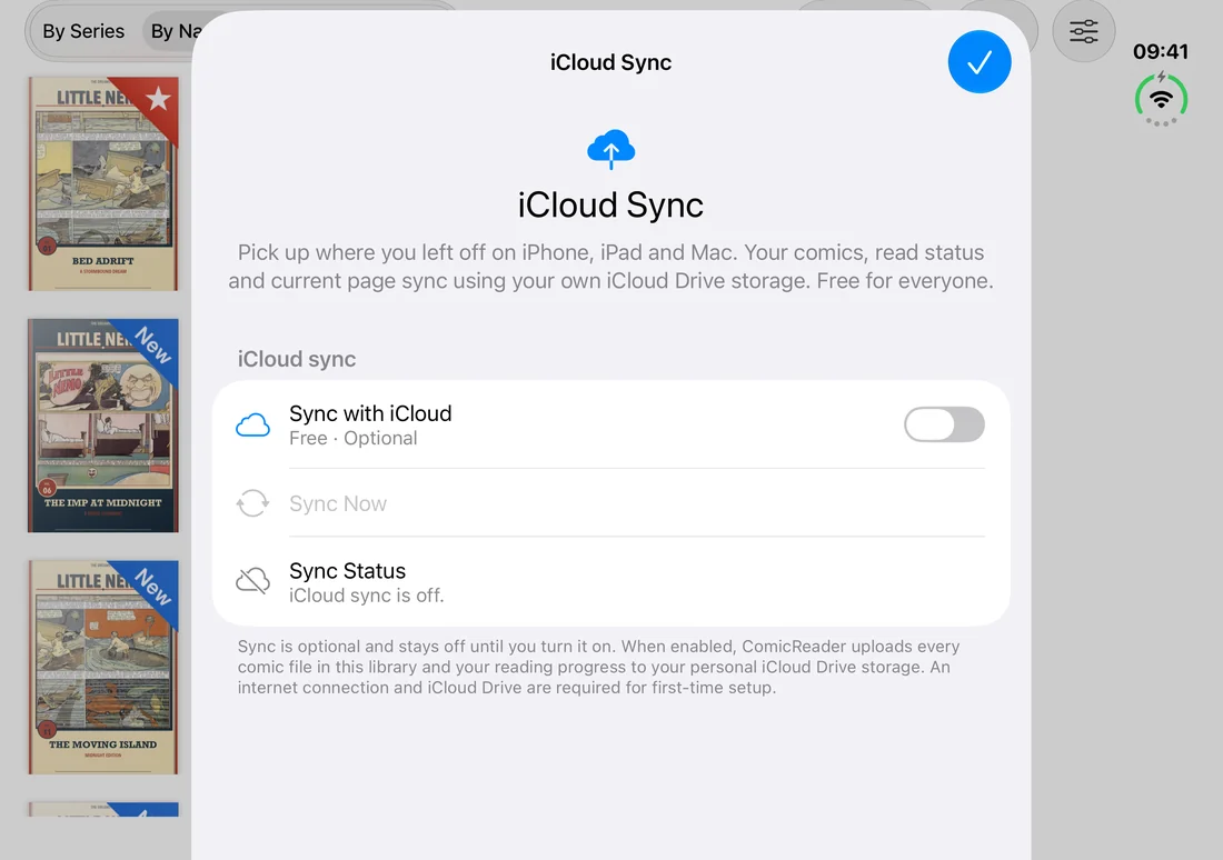 ComicReader’s optional iCloud Sync screen