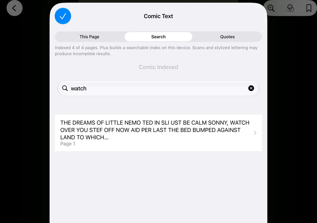 ComicReader Plus searching recognised text in the current comic